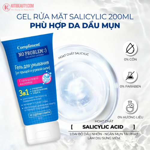 Gel Rửa Mặt Compliment 3 In 1 BHA Ngừa Mụn Kiềm Dầu 200ml